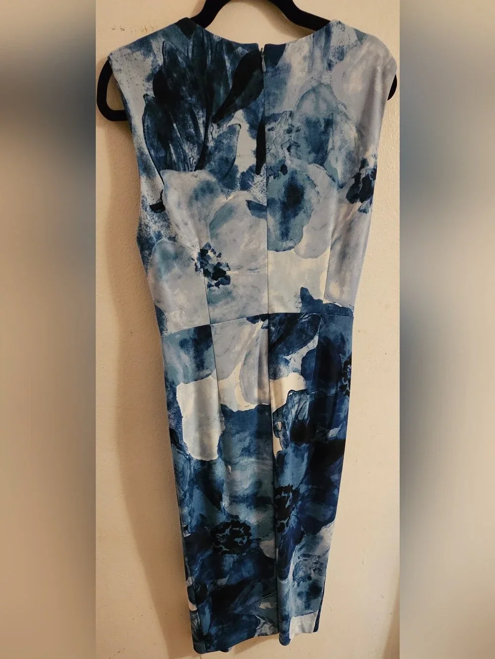 Donna Karan Blue and White Floral Twist-Waist Midi Dress
